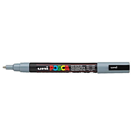 Uni Posca Marker PC-1M in grey, featuring a 0.7mm ultra-fine tip for precise lines on various surfaces.