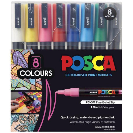 Set of 8 Uni Posca markers with fine tips, featuring vibrant water-based inks suitable for multiple surfaces.