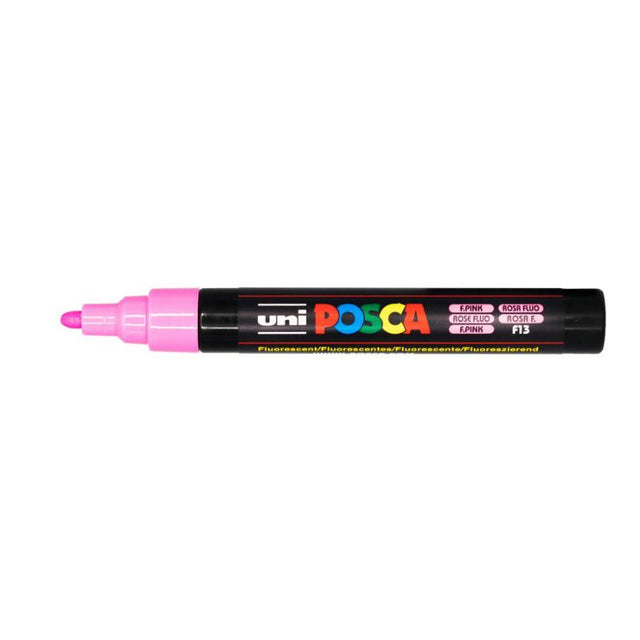 Fluoro pink Uni Posca Marker with a 1.8-2.5mm tip for versatile, vibrant art on various surfaces. Ideal for all ages.