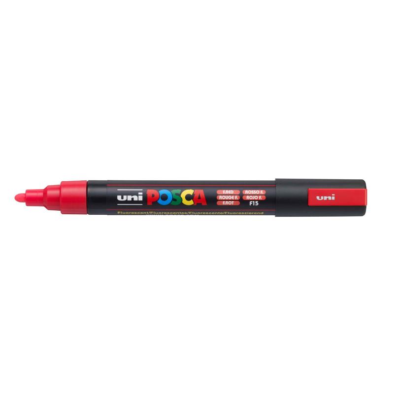 Bright fluoro red Uni Posca Marker with medium bullet tip, perfect for detailed artwork and various surfaces.