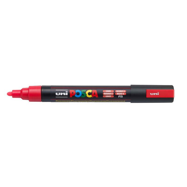 Bright fluoro red Uni Posca Marker with medium bullet tip, perfect for detailed artwork and various surfaces.