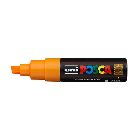 Bright yellow Uni Posca Marker with an 8.0mm chisel tip, ideal for vibrant artwork on various surfaces.