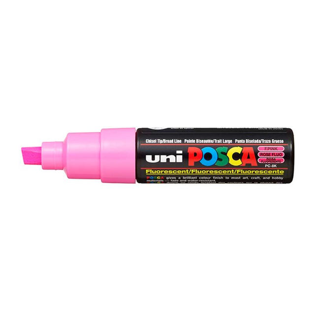 Uni Posca Marker 8.0mm Bold Chisel in Fluoro Pink, ideal for artists and crafters on various surfaces with a vibrant, consistent finish.