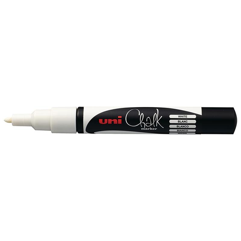 White Uni Chalk Marker with bullet tip, ideal for vibrant writing on non-porous surfaces, easy to wipe clean.