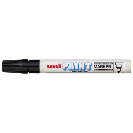 Uni Paint Marker PX-20 with 2.8mm bullet tip; versatile, oil-based, writes on various surfaces in glossy black.