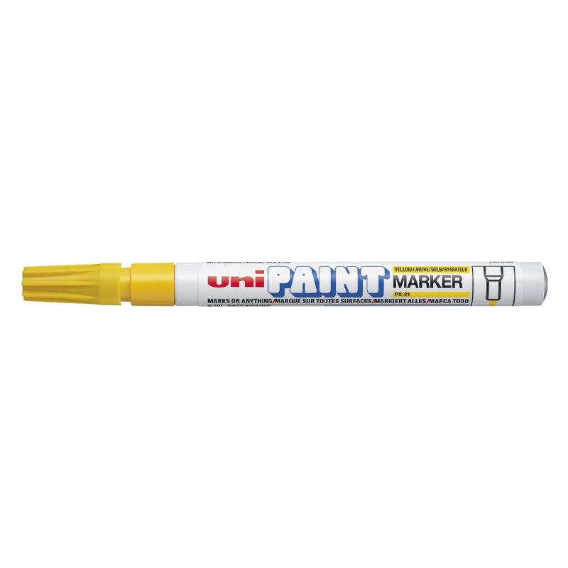 Yellow Uni PX-21 paint marker with a 1.2mm bullet tip for durable, permanent markings on various surfaces.