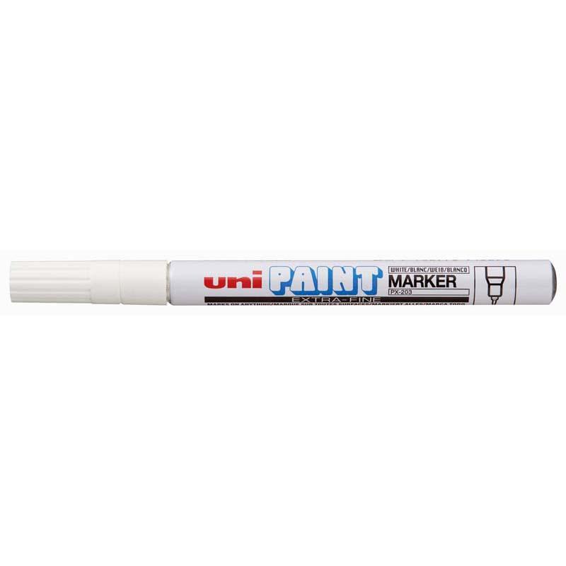 Uni Paint Marker 0.8mm Bullet Tip White PX-203 for precise, durable writing on metal, wood, glass, and more.