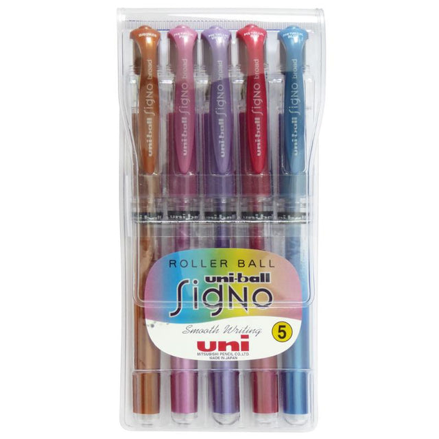 Assorted Uni-ball Signo gel pens in a stylish white barrel, featuring bold 1.0mm metallic ink and a comfortable grip.