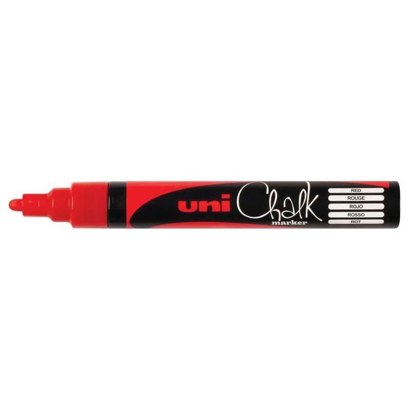 Uni Chalk Marker in red, 1.8-2.5mm bullet tip, ideal for vibrant art and clear labeling on non-porous surfaces.