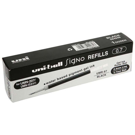 Uni-ball Signo UMR-87 refill with 0.7mm black gel ink for smooth, precise, and smudge-free writing, compatible with UM-152/UMN series.