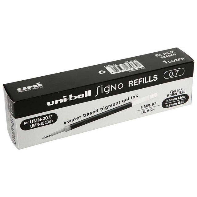 Uni-ball Signo UMR-87 refill with 0.7mm black gel ink for smooth, precise, and smudge-free writing, compatible with UM-152/UMN series.