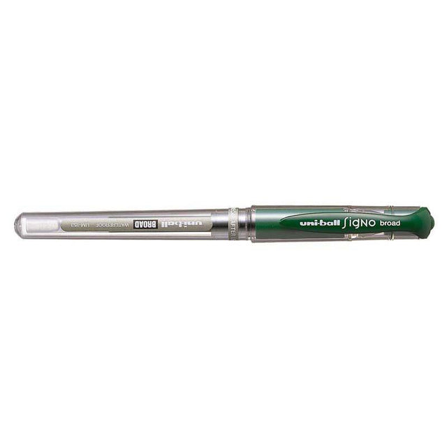 Uni-ball Signo Broad 1.0mm Capped Green pen with vibrant green gel ink, ideal for journaling, crafting, and archival use.