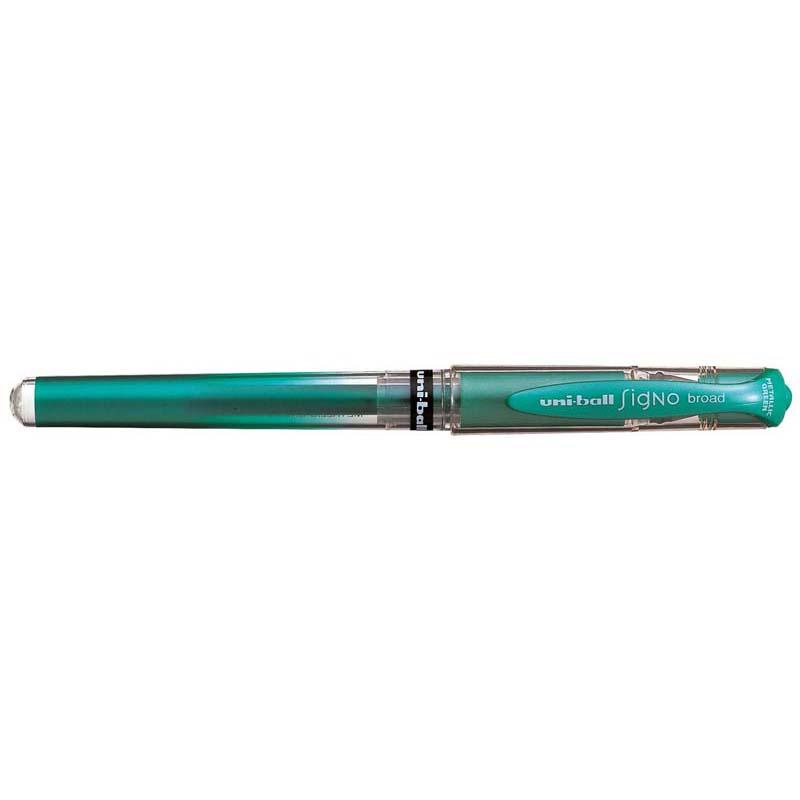 Uni-ball Signo Broad 1.0mm Capped Metallic Green pen with smooth gel ink, perfect for crafts and vibrant writing.