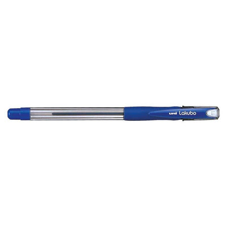 Uni Lakubo Capped Ballpoint pen in blue, featuring 1.0mm nib, rubber grip, and 'Free Flow' ink for smooth writing.