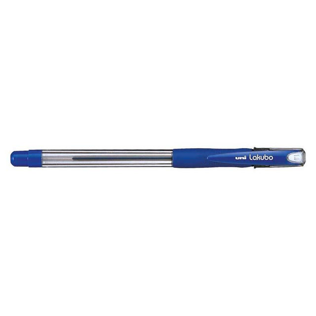 Uni Lakubo Capped Ballpoint pen in blue, featuring 1.0mm nib, rubber grip, and 'Free Flow' ink for smooth writing.