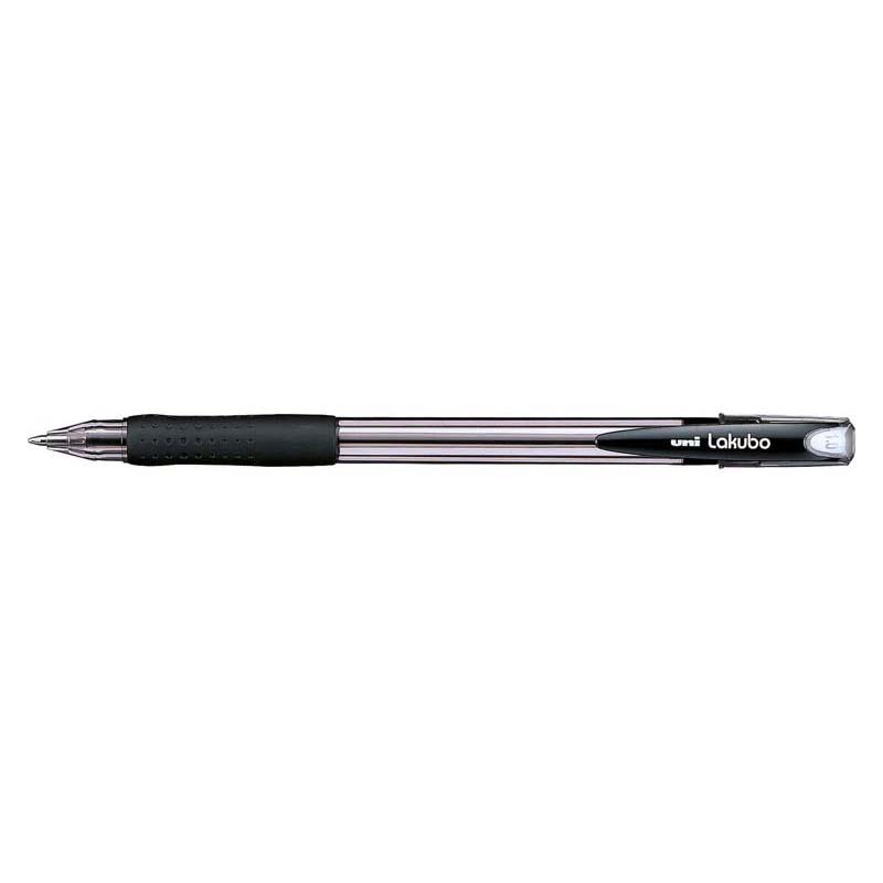 Uni Lakubo Capped Ballpoint in black, 1.0mm nib, featuring 'Free Flow' ink and a comfortable rubber grip for precise writing.