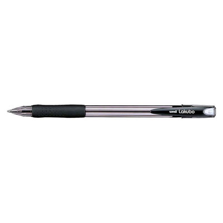 Uni Lakubo Capped Ballpoint in black, 1.0mm nib, featuring 'Free Flow' ink and a comfortable rubber grip for precise writing.