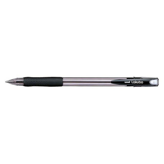 Uni Lakubo Capped Ballpoint in black, 1.0mm nib, featuring 'Free Flow' ink and a comfortable rubber grip for precise writing.