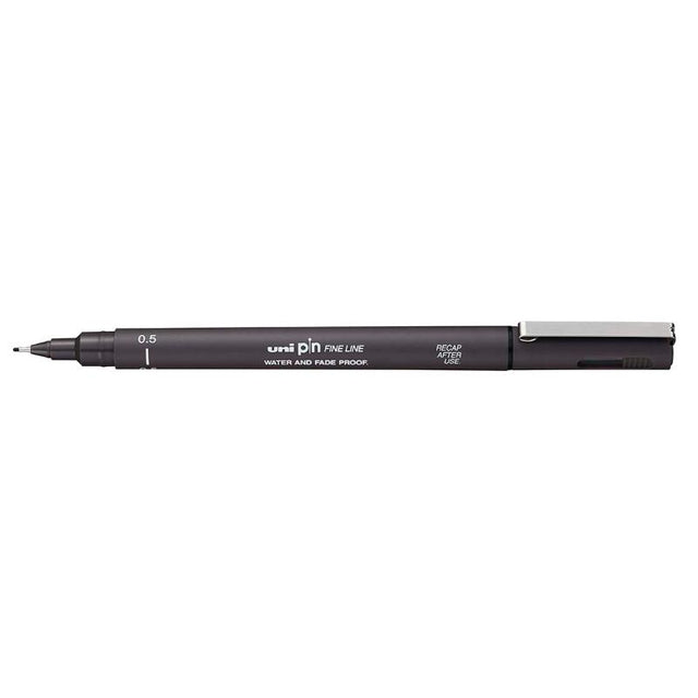 Uni Pin Fineline Permanent 0.5 mm Dark Grey marker with tough tip, smooth ink flow, ideal for precise artwork and lasting details.