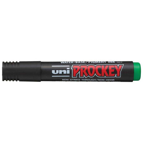 Green Uni Prockey Marker with a 5.7mm chisel tip, odourless, waterproof, and fade-proof for permanent use on thin paper.