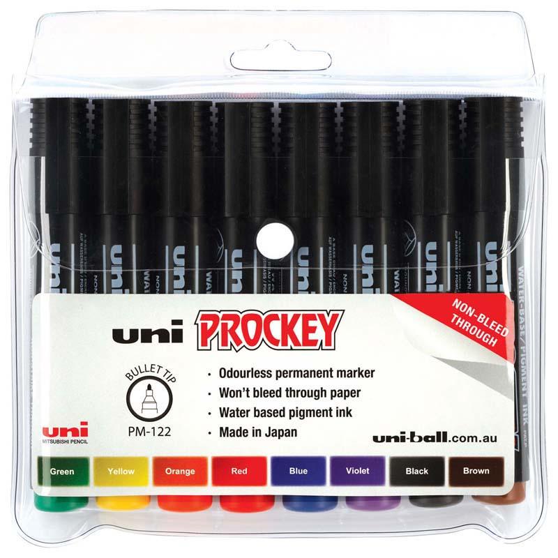 Assorted 8-pack of Uni Prockey 1.2mm bullet tip permanent markers, ideal for creative projects and labeling.