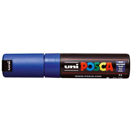 Blue Uni Posca Marker with a 4.5-5.5mm bold bullet tip, perfect for vibrant artwork on various surfaces.