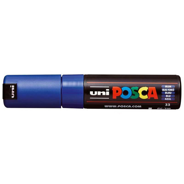 Blue Uni Posca Marker with a 4.5-5.5mm bold bullet tip, perfect for vibrant artwork on various surfaces.