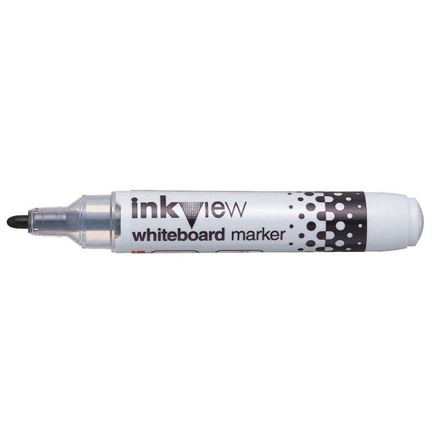 Uni Inkview black whiteboard marker with transparent barrel, 1.8-2.2mm bullet tip for clear, vibrant writing.