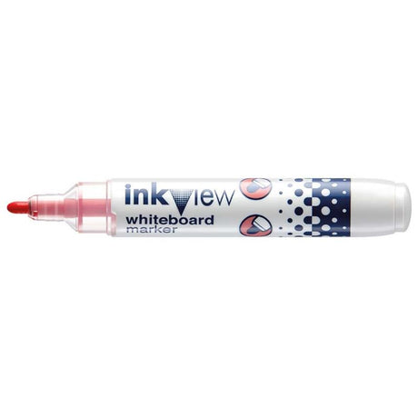 Uni Inkview red whiteboard marker with 1.8-2.2mm bullet tip and transparent barrel for ink visibility.