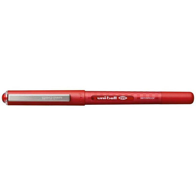 Uni-ball Eye 0.7mm red rollerball pen with smooth ink flow, precise lines, and stylish designer cap for effortless writing.