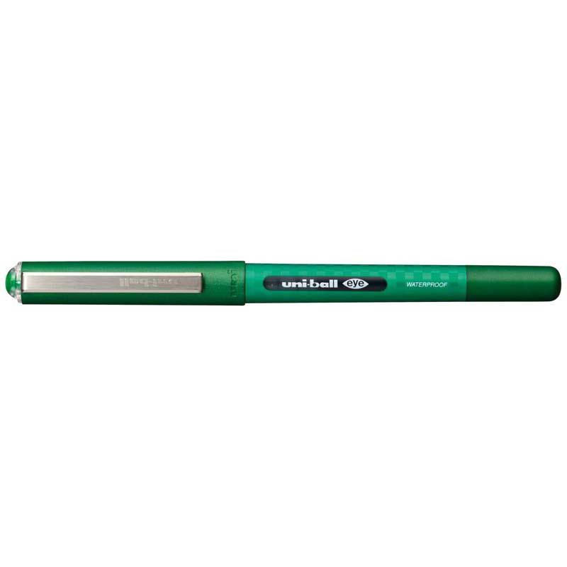 Vibrant green Uni-ball Eye 0.7mm rollerball pen with liquid ink for smooth, precise writing and detailed control.