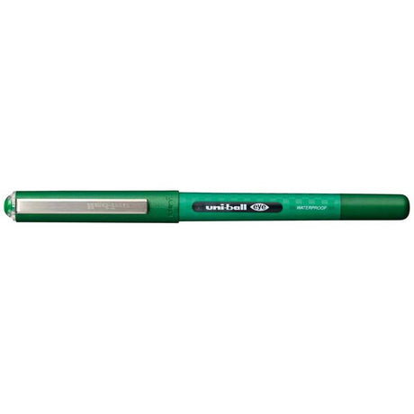 Vibrant green Uni-ball Eye 0.7mm rollerball pen with liquid ink for smooth, precise writing and detailed control.