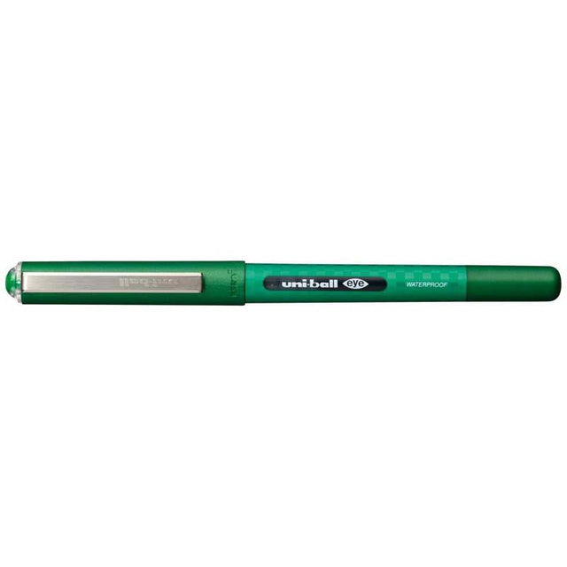 Vibrant green Uni-ball Eye 0.7mm rollerball pen with liquid ink for smooth, precise writing and detailed control.