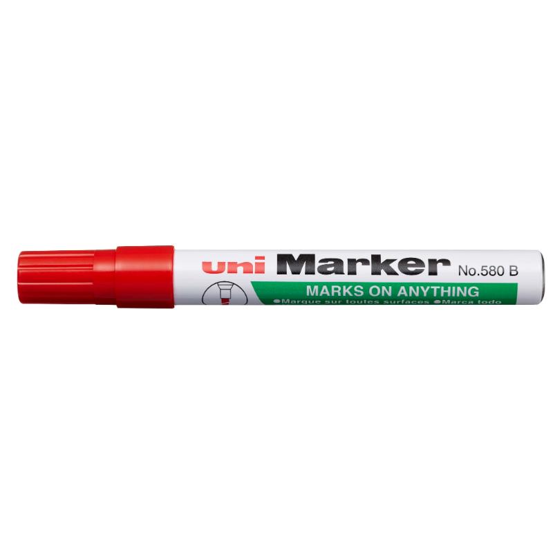 Uni Permanent Red 580 Marker featuring a chisel tip for versatile use on various surfaces with smudge-proof, waterproof ink.