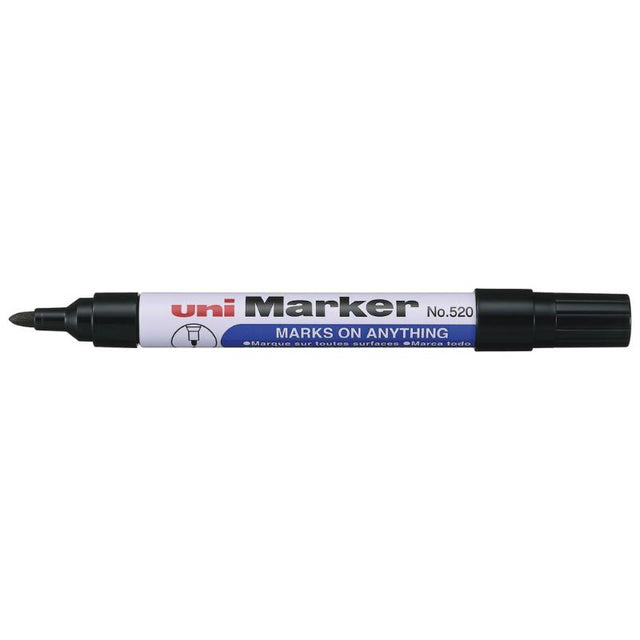 Black Uni Permanent Bullet Tip Marker with medium nib, ideal for versatile use on various surfaces like metal and wood.