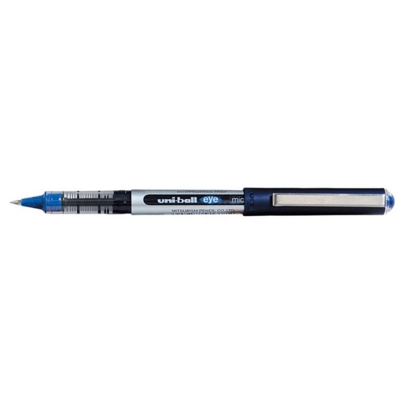 Uni-ball Eye 0.38mm pen with blue ink, high precision nib, smooth writing, capped design for easy portability.