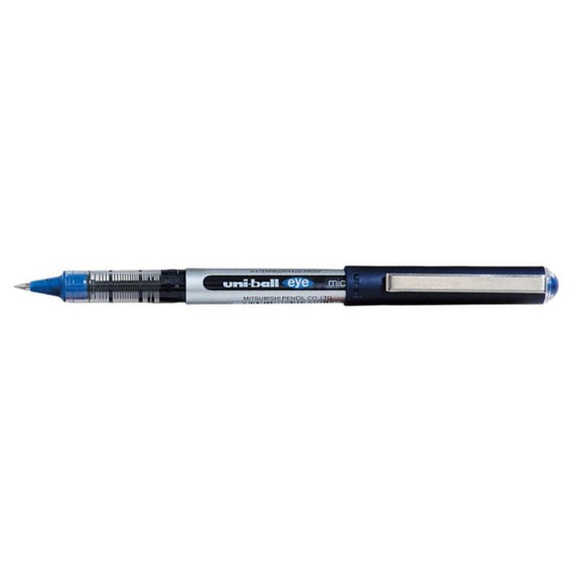 Uni-ball Eye 0.38mm pen with blue ink, high precision nib, smooth writing, capped design for easy portability.