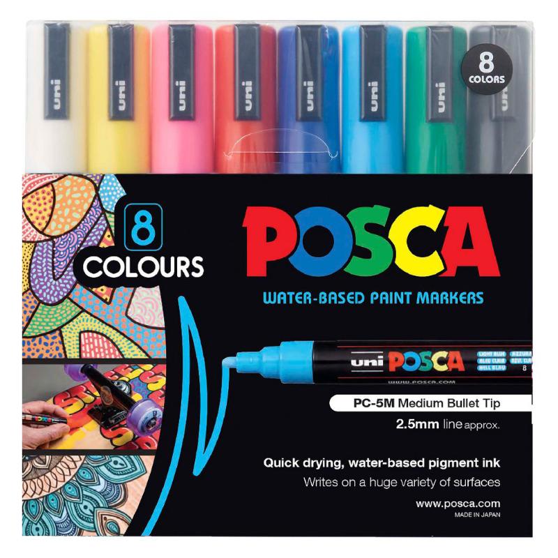 Set of 8 Uni Posca markers in vibrant colors, versatile for various surfaces, perfect for precise artistic details and blending.