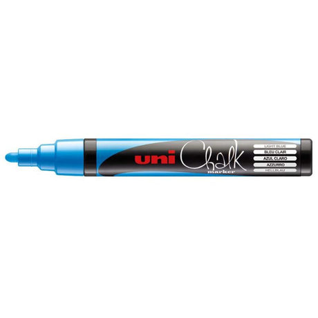 Light blue Uni Chalk Marker with a bullet tip, ideal for vibrant writing on non-porous surfaces like windows and metal.