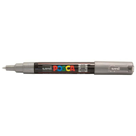 Uni Posca Marker 0.7mm Silver with ultra-fine tip for precise lines, perfect for detailed artwork on various surfaces.