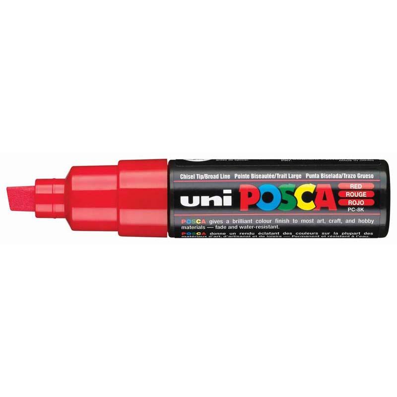 Uni Posca 8.0mm Bold Chisel Red marker for vibrant art on various surfaces, featuring a non-toxic, quick-drying formula.