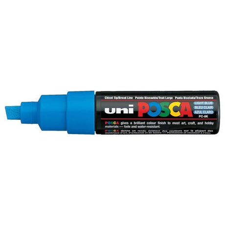 Light blue Uni Posca Marker with 8.0mm chisel tip for bold and detailed artwork on various surfaces.