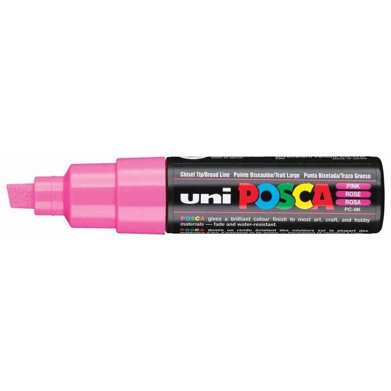 Vibrant pink Uni Posca 8.0mm chisel marker, ideal for artists on various surfaces like paper, wood, and glass.