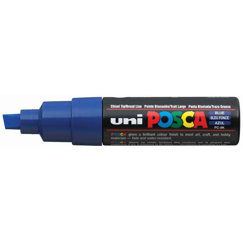 Vibrant blue Uni Posca Marker with an 8.0mm chisel tip for bold lines and fine details on various surfaces.