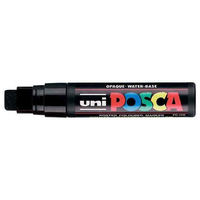 Uni Posca 15mm chisel marker in black, perfect for artists with bold ink for diverse surfaces and creative projects.