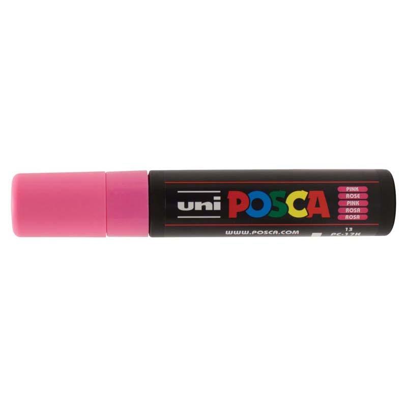 Vibrant pink Uni Posca Marker with a 15mm chisel tip, ideal for precise artistic projects on various surfaces.