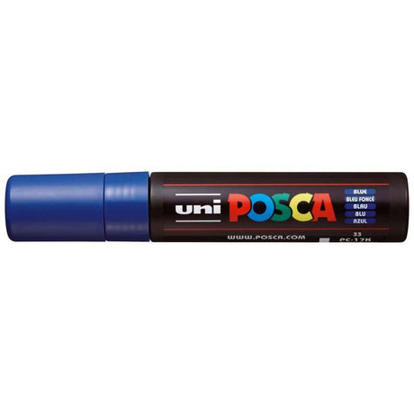 Uni Posca 15mm blue paint marker with extra-broad chisel tip for vibrant, precise application on various surfaces.