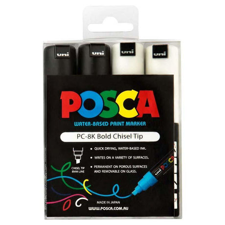 Uni Posca Marker 8.0mm Bold Chisel 4 Pack in black and white, ideal for versatile art on various surfaces.