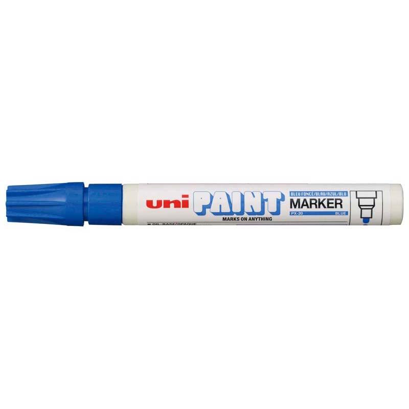 Blue Uni Paint Marker with 2.8mm bullet tip, ideal for versatile and durable applications on multiple surfaces.