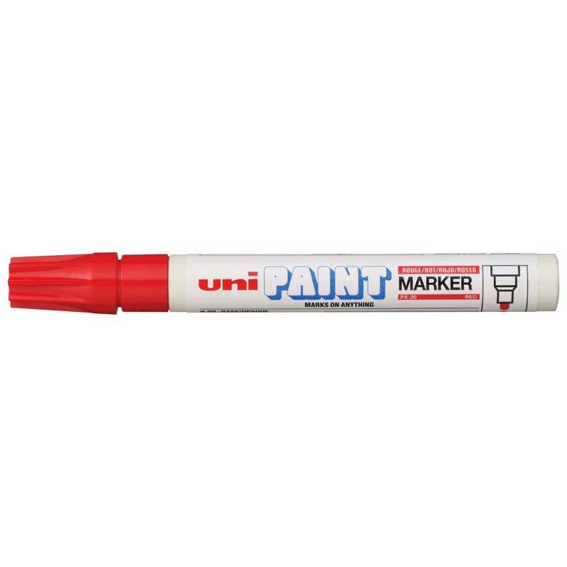 Uni Paint Marker 2.8mm Bullet Tip in red for versatile, permanent marking on various surfaces like metal, wood, and glass.